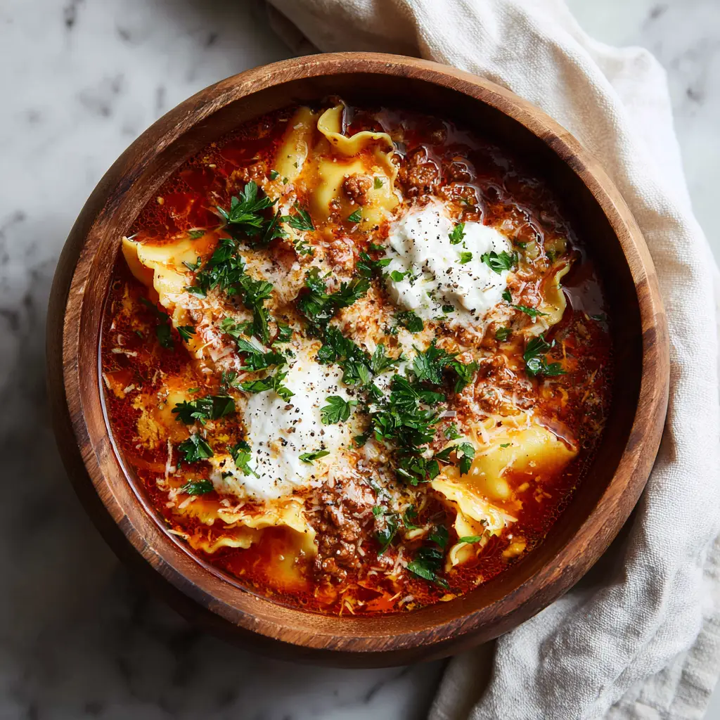 Close-up of wavy al dente lasagna noodles submerged in savory tomato broth topped with fresh green parsley and parmesan.