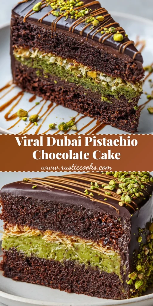 A towering slice of Dubai Chocolate Cake with a thick pistachio knafeh center, coated in dark chocolate ganache on a white plate.