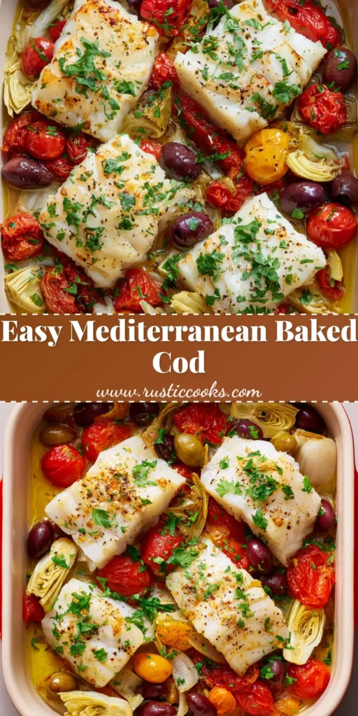 The Ultimate Mediterranean Baked Cod in a Creamy Garlic Sauce 4 A red ceramic dish filled with Mediterranean Baked Cod, blistered cherry tomatoes, fennel, olives, and a creamy yellowish sauce, garnished with parsley.