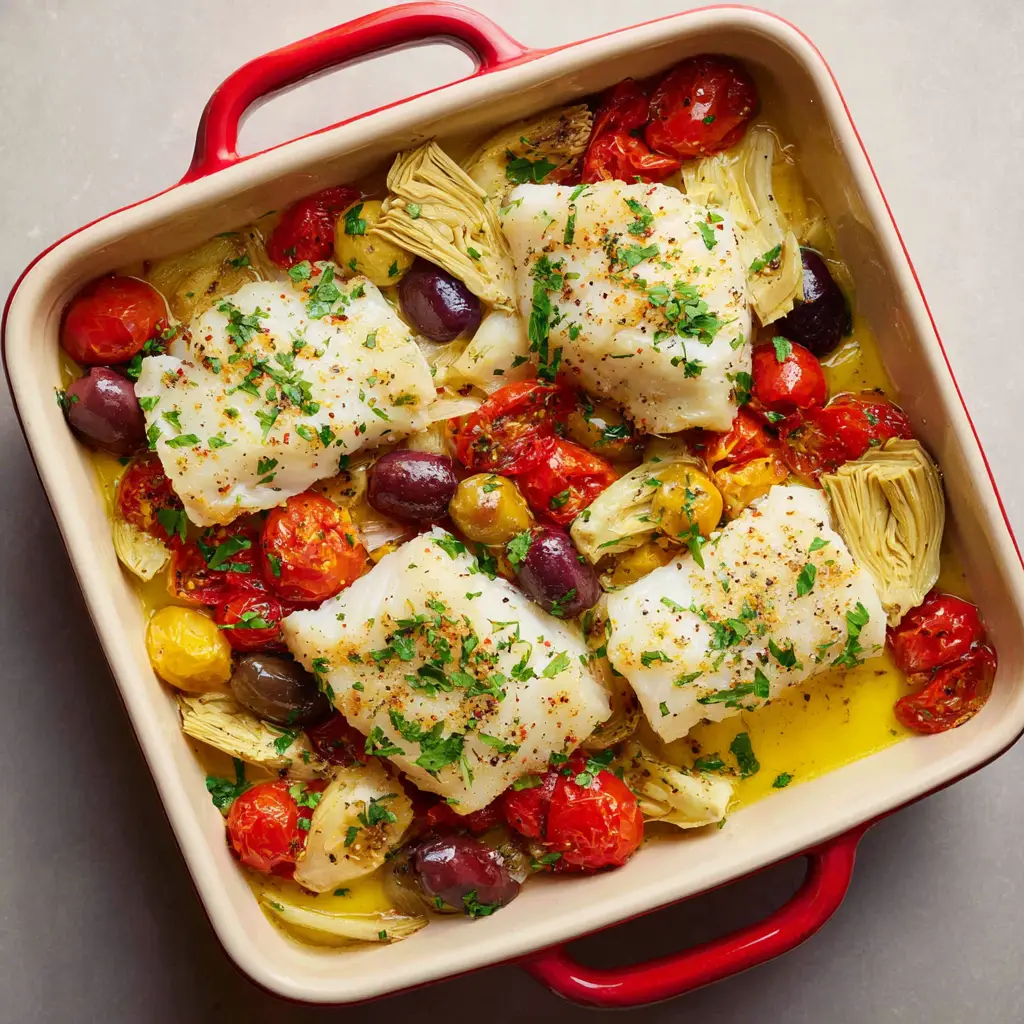 The Ultimate Mediterranean Baked Cod in a Creamy Garlic Sauce 2 Overhead view of flaky Mediterranean Baked Cod surrounded by blistered tomatoes and artichoke hearts in a red baking dish.