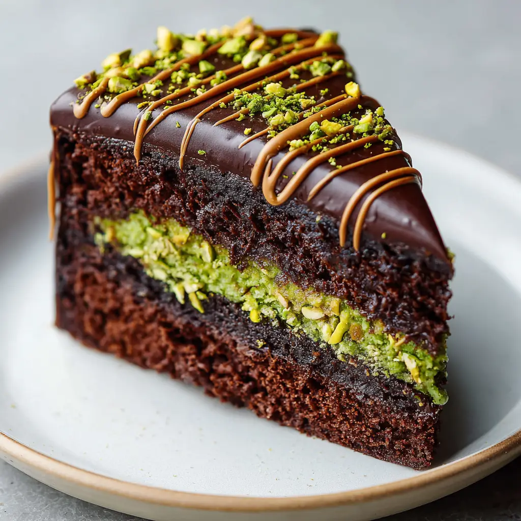 Glossy dark chocolate ganache enveloping a slice of Dubai Chocolate Cake, garnished with milk chocolate drizzle and crushed raw pistachios.