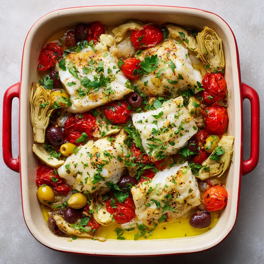 The Ultimate Mediterranean Baked Cod in a Creamy Garlic Sauce 1 Close-up of golden seared Mediterranean Baked Cod pooling with a light creamy yellowish lemon garlic sauce.