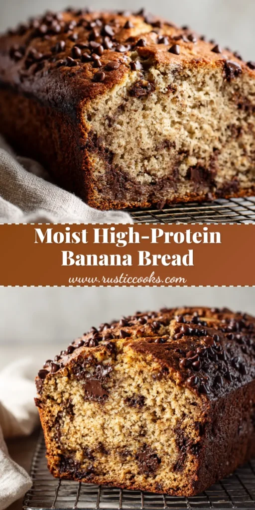A close-up photograph of a sliced loaf of chocolate chip Protein Banana Bread on a cooling rack, showing melted chocolate chunks and a moist, light brown crumb.