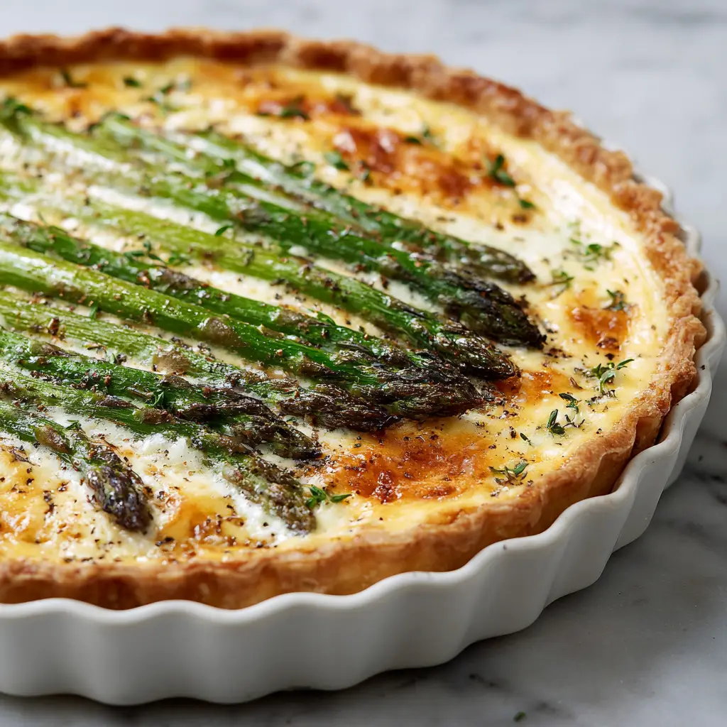 A freshly baked Asparagus and Gruyere Quiche resting in a white fluted ceramic tart pan on a marble countertop.