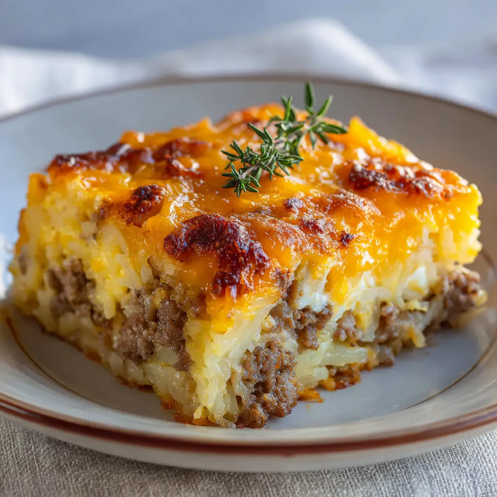 Detailed view of the melted cream cheese pockets and browned bubbly cheddar cheese on top of a Sausage Hashbrown Breakfast Casserole slice.