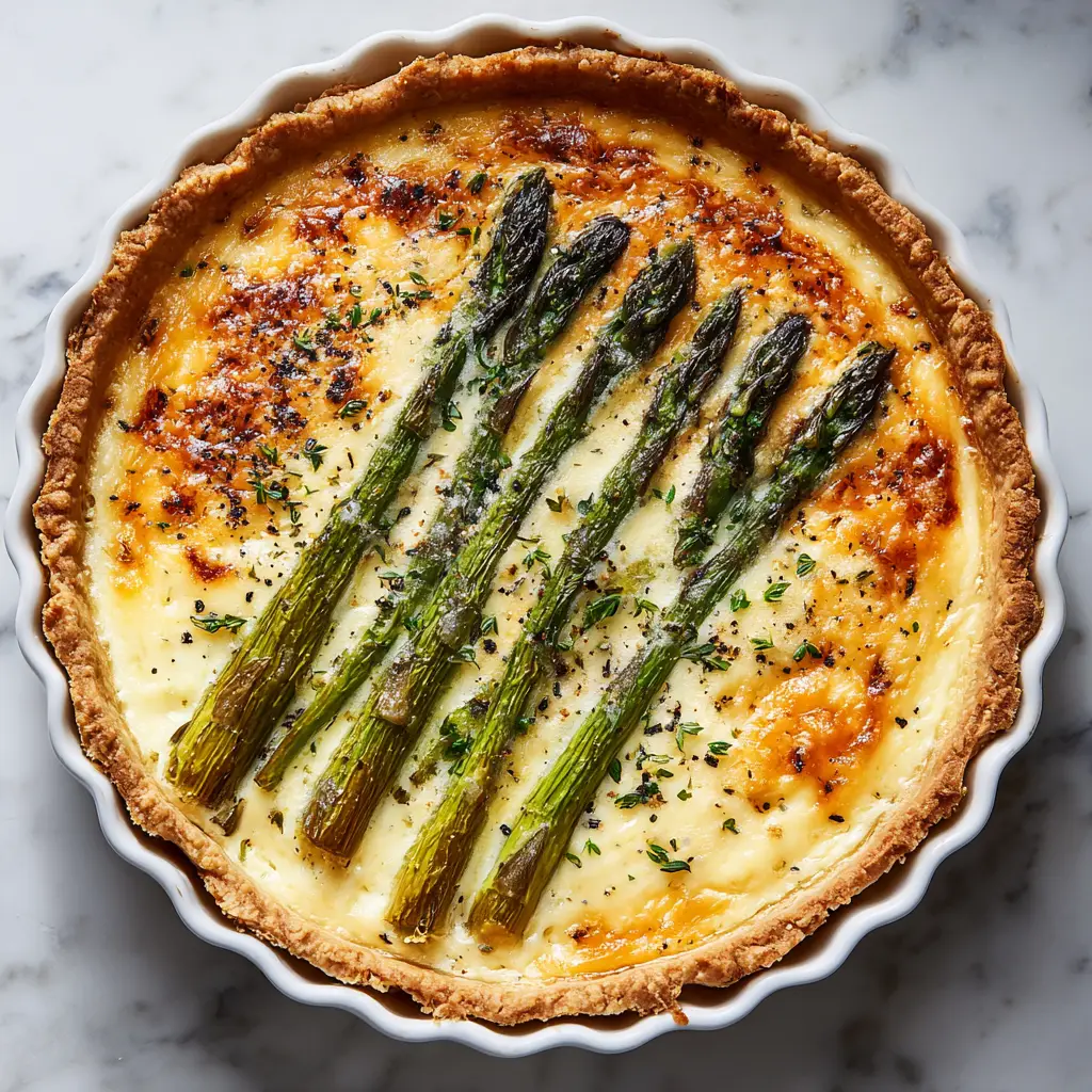 Asparagus and Gruyere Quiche 1 Close up of creamy egg custard, lightly charred asparagus tips, and bubbly melted Gruyere cheese.