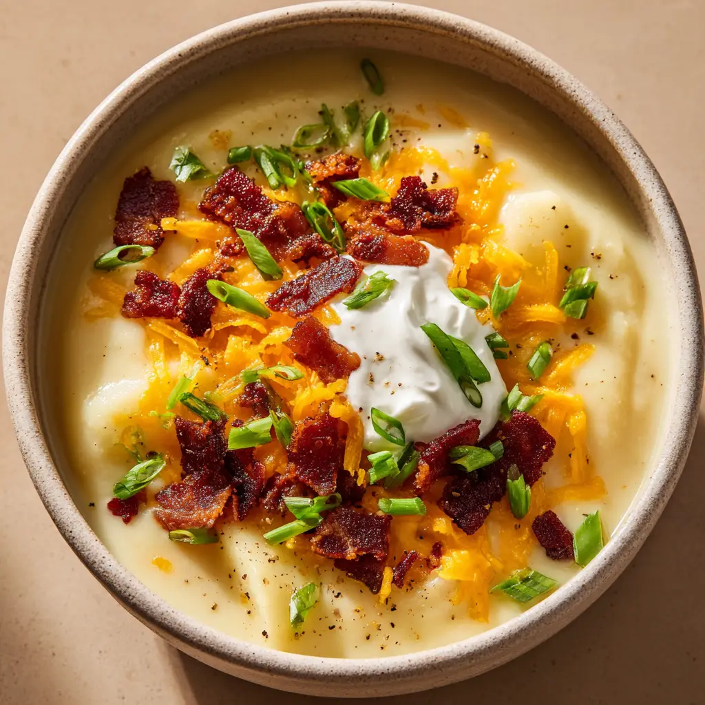 Close-up of Creamy Loaded Potato Soup garnished with dark red-brown crispy cooked bacon crumbles, fresh green onions, and thick white sour cream.