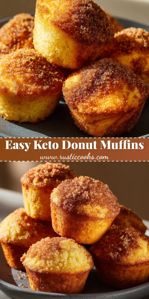 A rustic plate piled high with golden-yellow Keto Cinnamon Donut Muffins, featuring a soft crumb and a thick granular sugar-free topping.