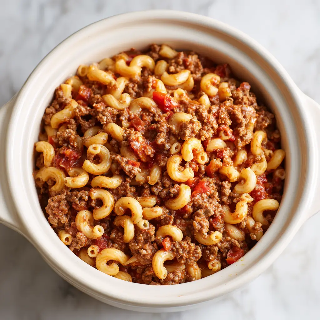 Soft natural daylight highlights the reddish-brown tomato sauce covering cooked elbow macaroni and ground beef crumbles.