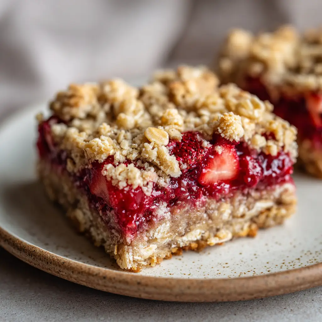 Golden-brown toasted oatmeal crumble topping with small chunks of baked strawberries peeking through.
