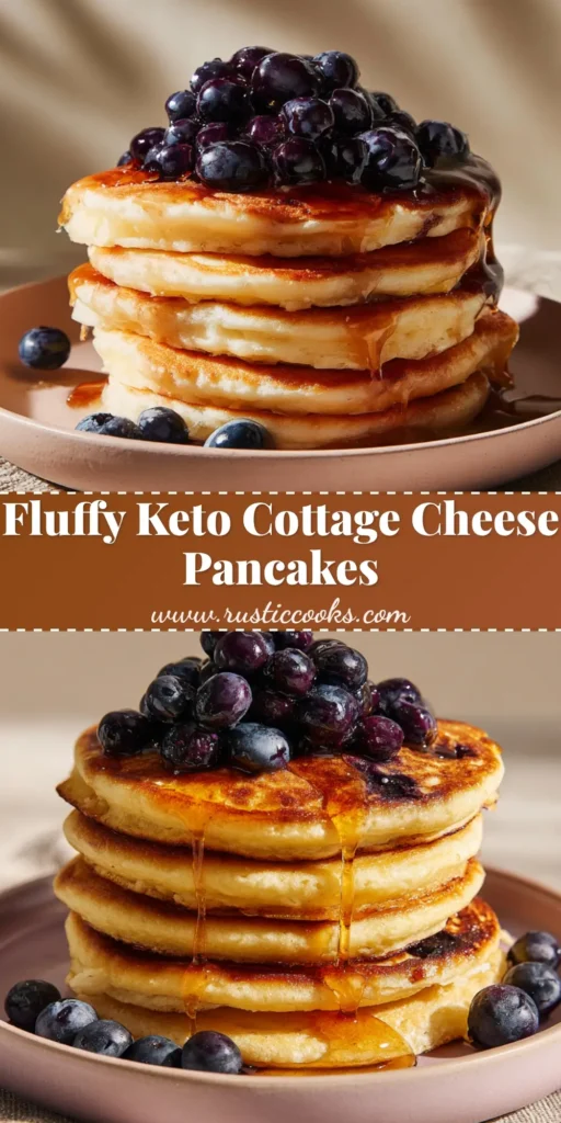 Keto Cottage Cheese Pancakes: The Ultimate Fluffy Stack 4 A towering stack of four Keto Cottage Cheese Pancakes topped with dark purple fresh blueberries and thick amber maple syrup on a pink plate.