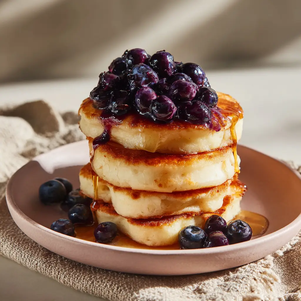 Keto Cottage Cheese Pancakes: The Ultimate Fluffy Stack 2 Close-up of thick, golden-brown Keto Cottage Cheese Pancakes showing crispy edges and plump fresh blueberries.