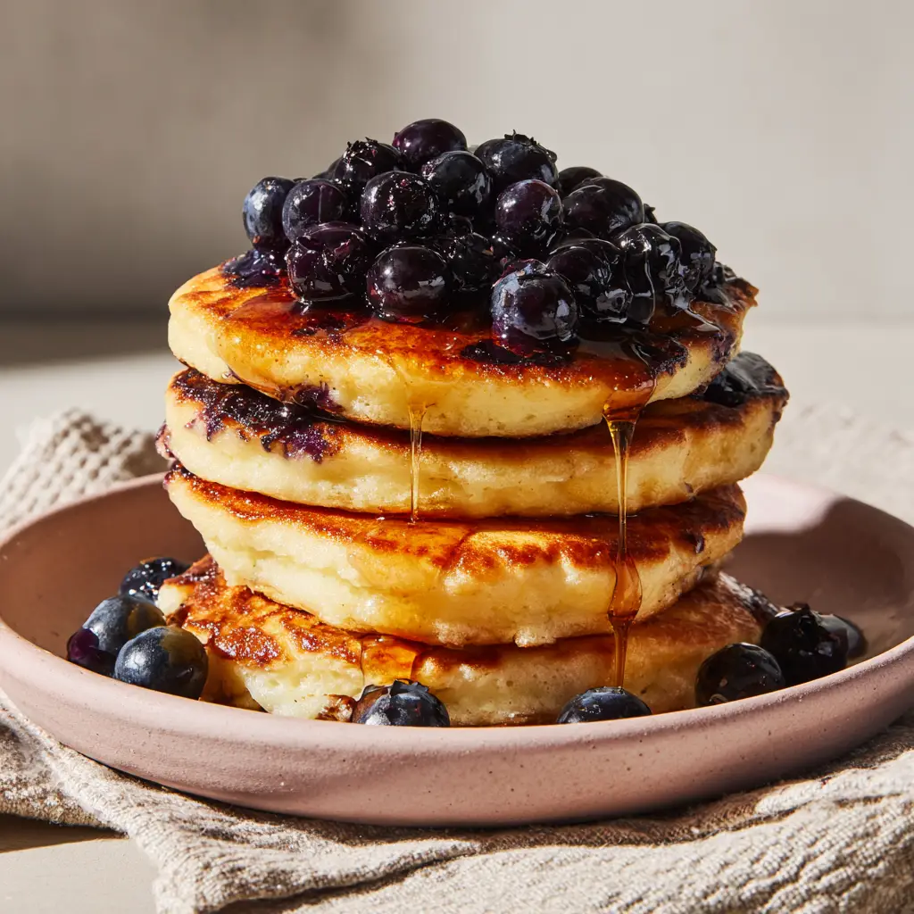 Keto Cottage Cheese Pancakes: The Ultimate Fluffy Stack 1 Thick amber keto maple syrup dripping down the sides of fluffy low carb cottage cheese pancakes.