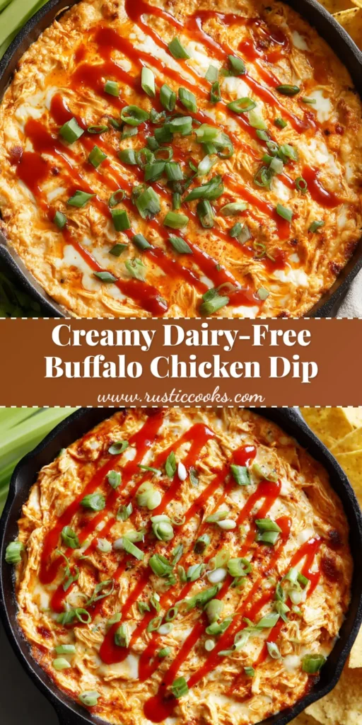 A close-up overhead shot of a creamy, baked dairy-free buffalo chicken dip in a cast-iron skillet with green onions and a bright red buffalo sauce drizzle.