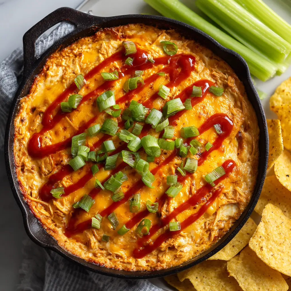 Fresh celery sticks and lightly salted yellow corn tortilla chips resting next to a bubbling dairy-free buffalo chicken dip.