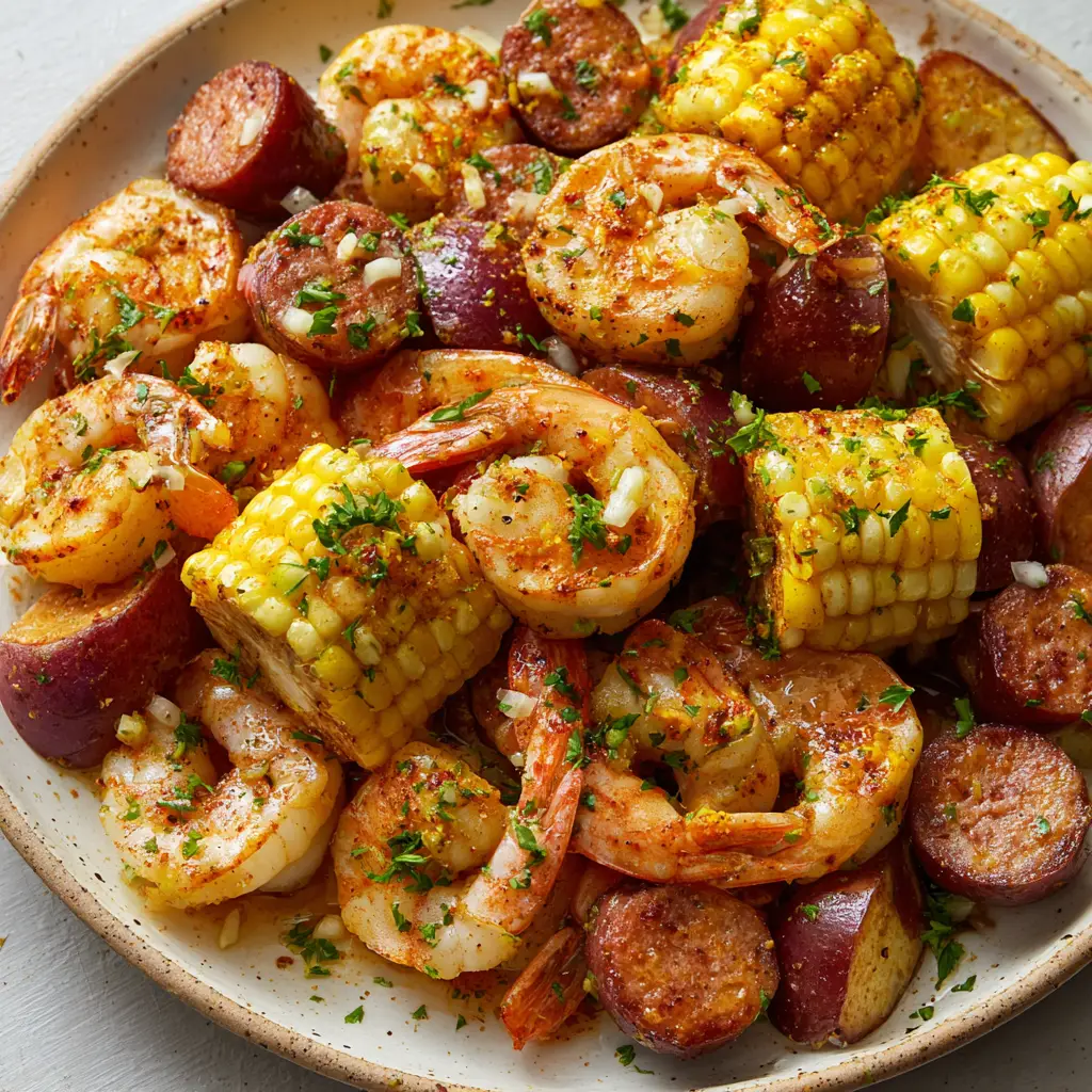 Overhead food photograph of charred corn, red potatoes, and sliced sausage from an Oven Baked Shrimp Boil sprinkled with fresh bright green parsley.
