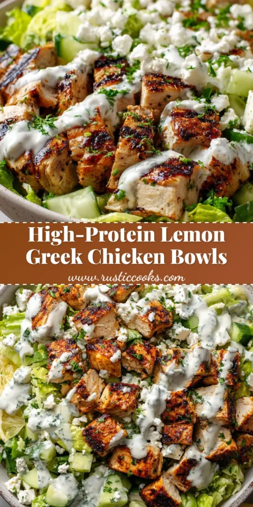 High Protein Greek Chicken Bowls for Easy Meal Prep 4 A wide shallow ceramic bowl filled with High Protein Greek Chicken Bowls featuring grilled cubed citrus chicken with char marks, crisp romaine, diced green tomatoes, creamy yogurt sauce, and glossy lemon vinaigrette.