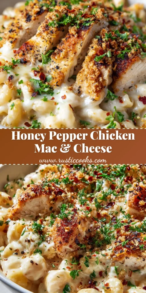 The Ultimate Honey Pepper Chicken Mac and Cheese 4 Close-up shot of creamy honey pepper Chicken Mac and Cheese in a white bowl, garnished with toasted breadcrumbs and fresh parsley.