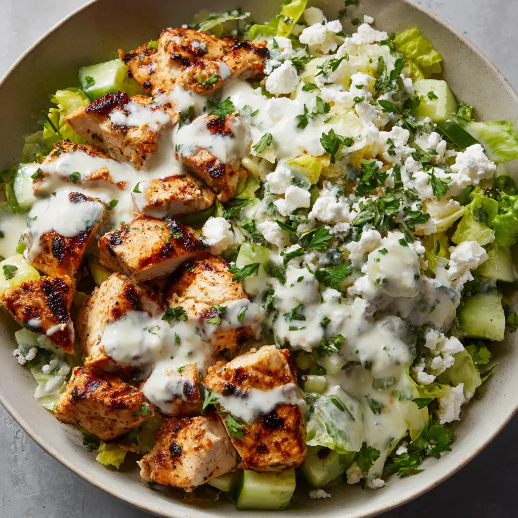 High Protein Greek Chicken Bowls for Easy Meal Prep 2 Top-down view of High Protein Greek Chicken Bowls plated on a neutral surface with soft natural daylight, showing crisp greens and feta cheese.