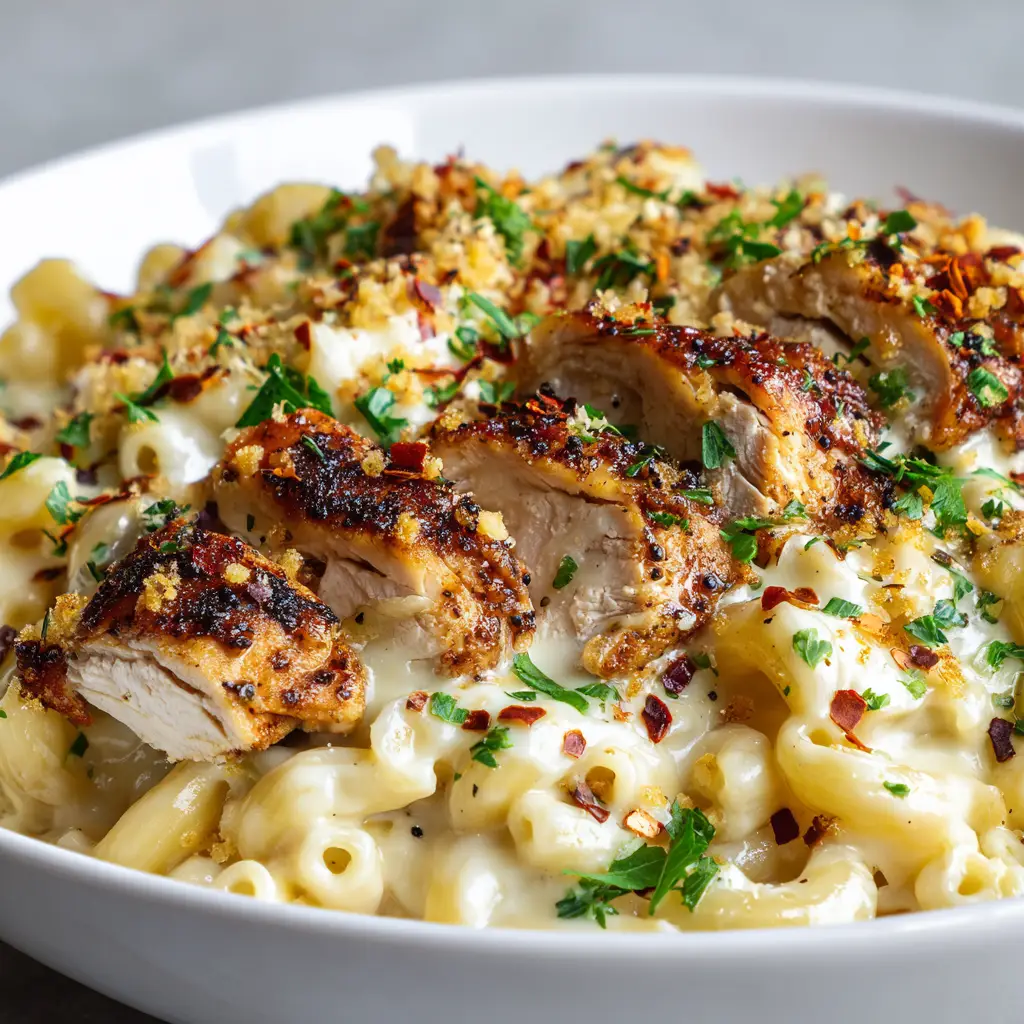 The Ultimate Honey Pepper Chicken Mac and Cheese 2 Elbow macaroni completely coated in a thick, off-white cheese sauce with pan-seared chicken breast.