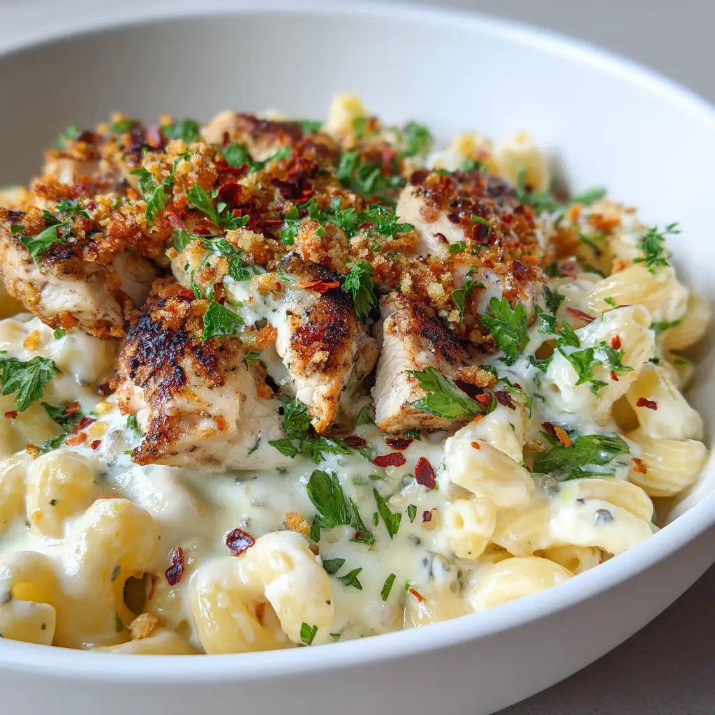 The Ultimate Honey Pepper Chicken Mac and Cheese 1 Slices of honey pepper chicken resting over creamy mac and cheese, draped with melted white cheese and garnished with red chili flakes.