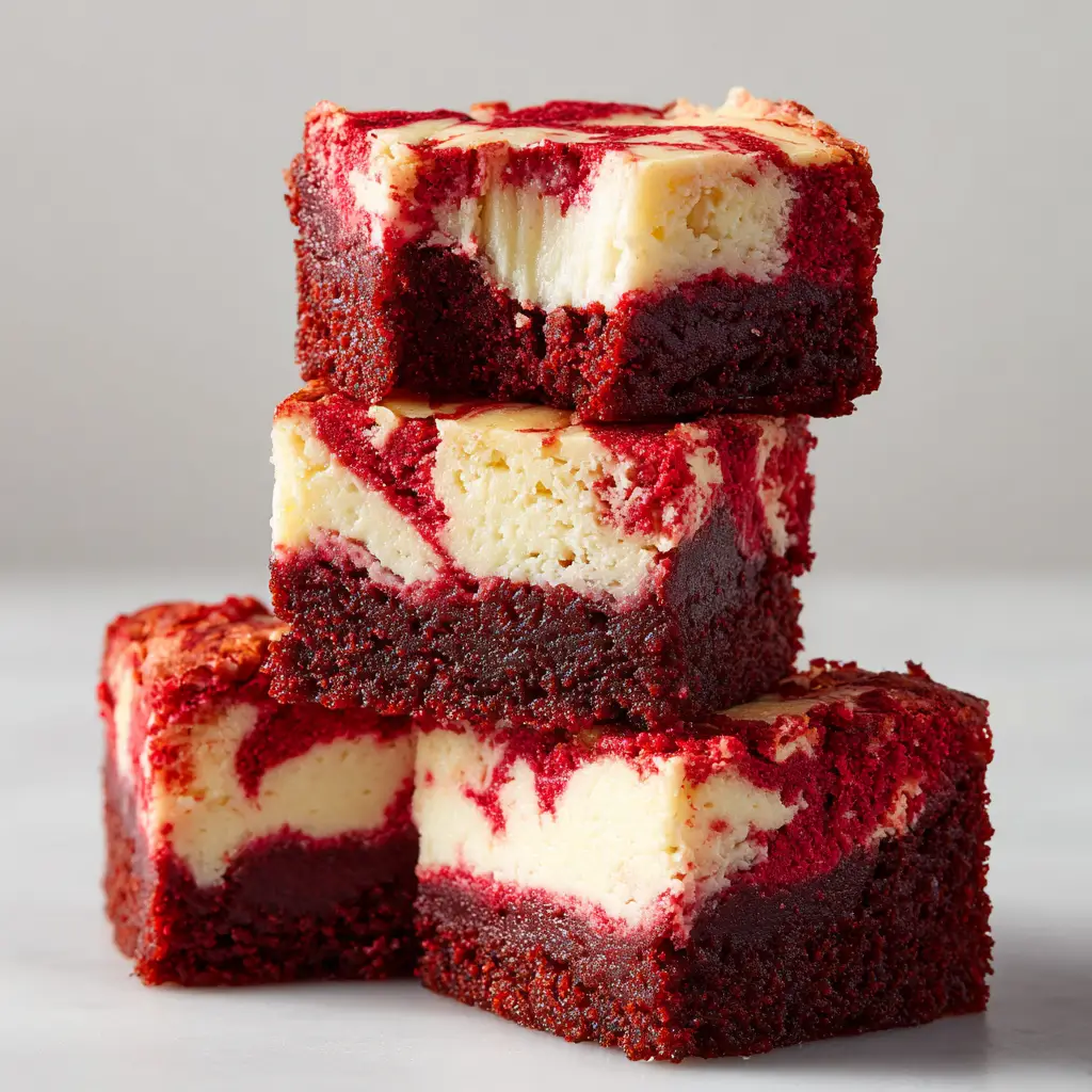 Close up view of the vibrant red velvet batter swirled into white cheesecake creating a marbled pattern.