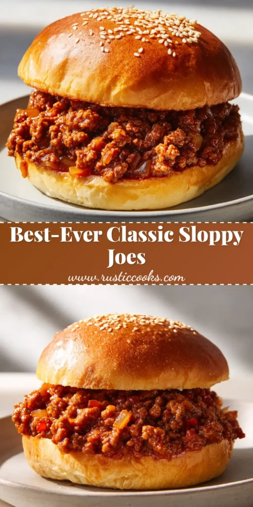The Ultimate Thick and Glossy Sloppy Joe Recipe 4 A close up of the ultimate Sloppy Joe Recipe overflowing with thick, glossy reddish-brown ground beef sauce on a soft sesame brioche bun.
