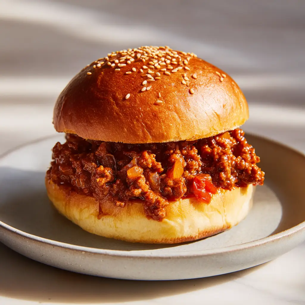 The Ultimate Thick and Glossy Sloppy Joe Recipe 2 A photo of a single, perfectly assembled sloppy joe on a soft, golden-brown brioche bun topped with sesame seeds. (Sloppy Joe Recipe)