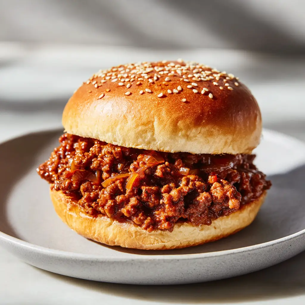 The Ultimate Thick and Glossy Sloppy Joe Recipe 1 Ground beef mixture generously spilling over the sides of the bottom bun of a sloppy joe.