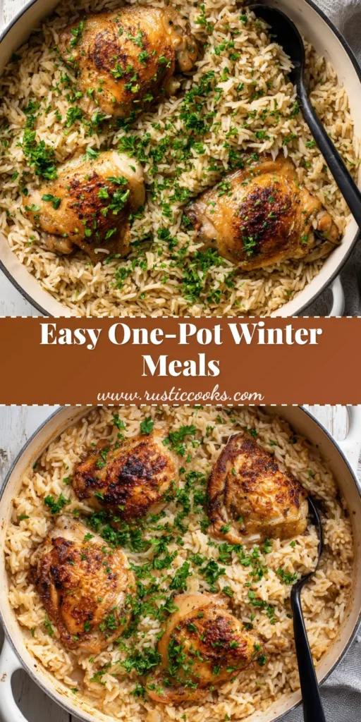 Overhead view of winter one pot meals featuring bone-in chicken thighs and fluffy rice in a white enamel dutch oven on a rustic wood surface.