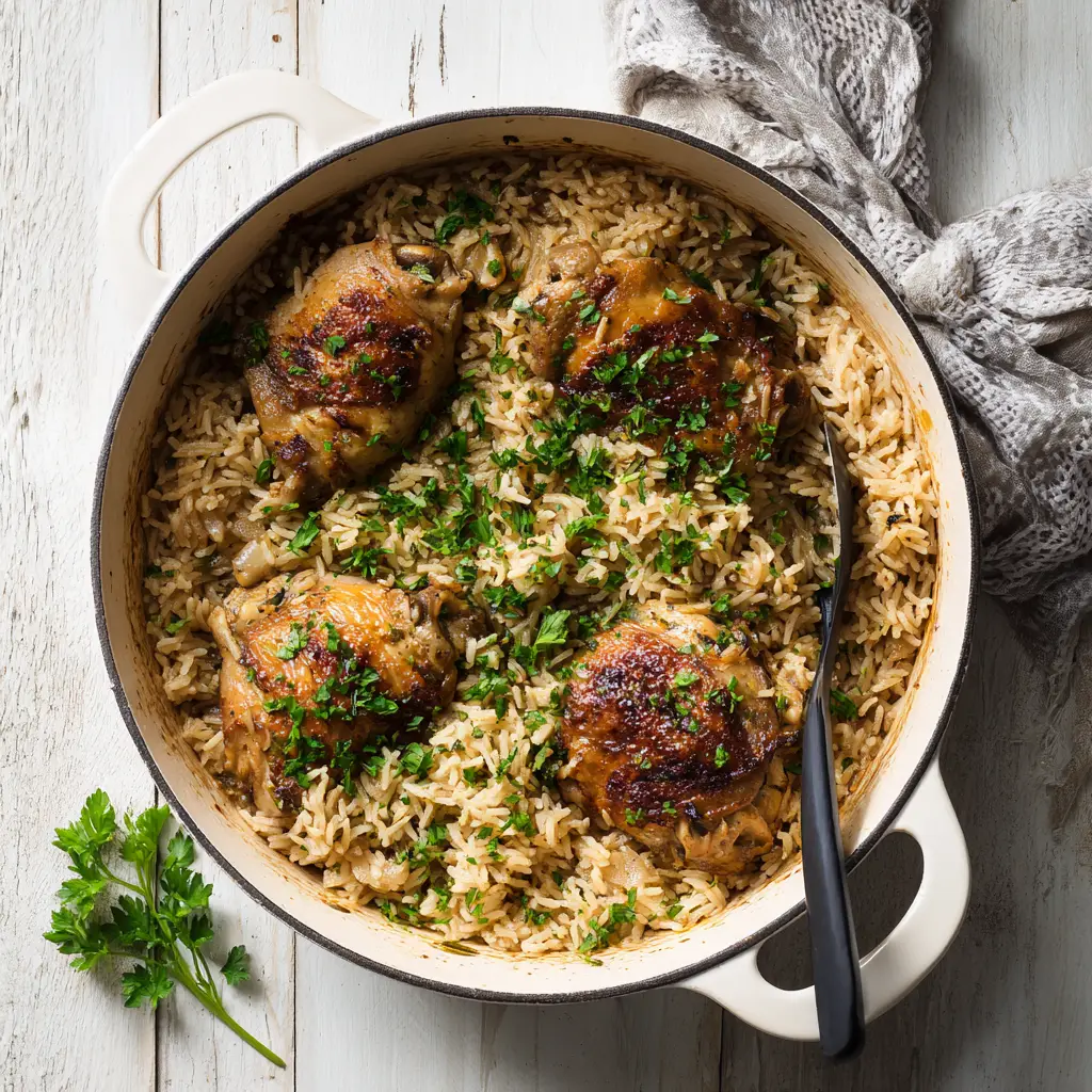 Close up of a simple black serving spoon resting inside a cast-iron dutch oven filled with chicken, rice, and fresh parsley.