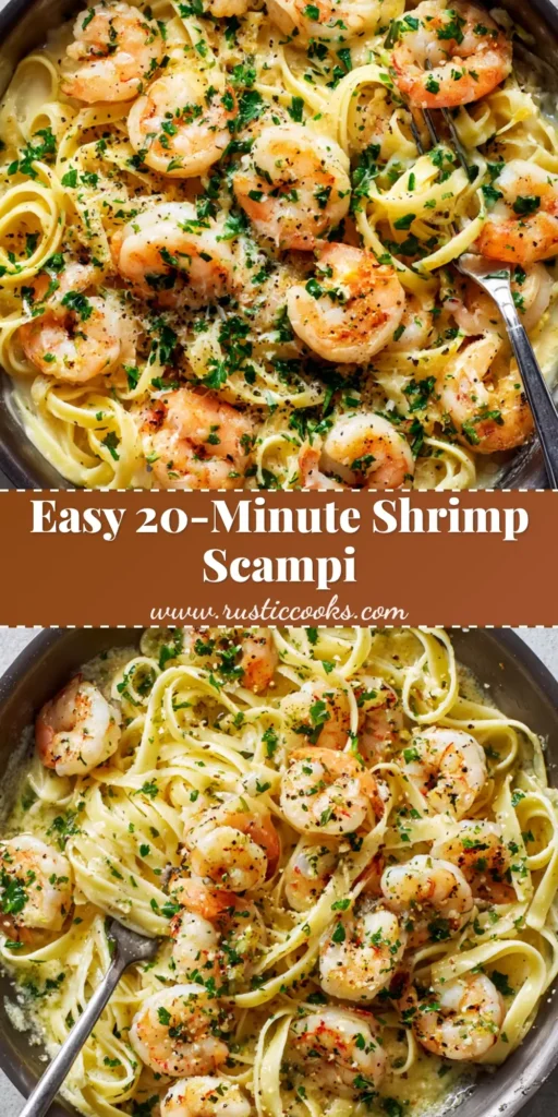 A close-up view of a classic Shrimp Scampi Recipe showing plump, pink shrimp over a bed of glossy fettuccine pasta in a dark skillet.