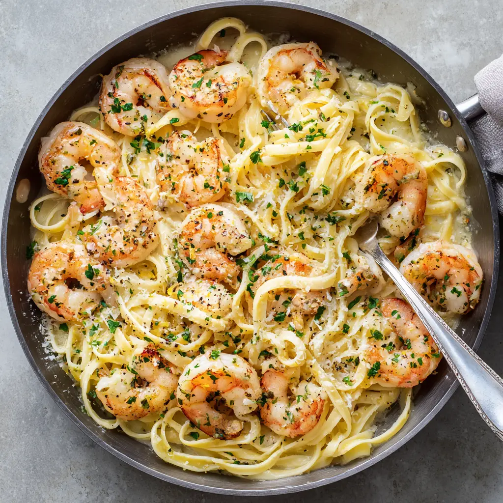 A close-up photograph of a Shrimp Scampi Recipe highlighting the thin, pale yellow lemon butter sauce coating the fettuccine.