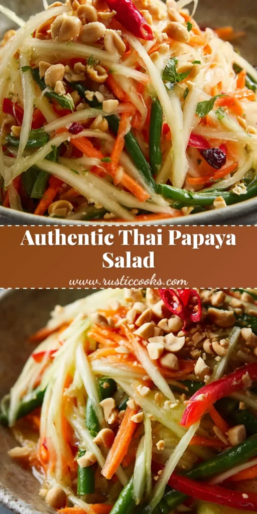 Refreshing Authentic Thai Papaya Salad: Crisp & Tangy Recipe 4 A tall, Pinterest-optimized image showcasing a fresh Thai Papaya Salad with julienned vegetables and crushed peanuts in a rustic stoneware bowl.
