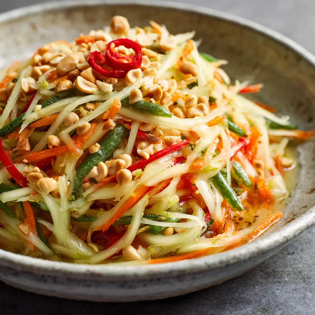 Refreshing Authentic Thai Papaya Salad: Crisp & Tangy Recipe 1 Thai Papaya Salad heavily sprinkled with coarsely chopped roasted peanuts, garnished with a single red Thai chili in a rustic light gray stoneware bowl.