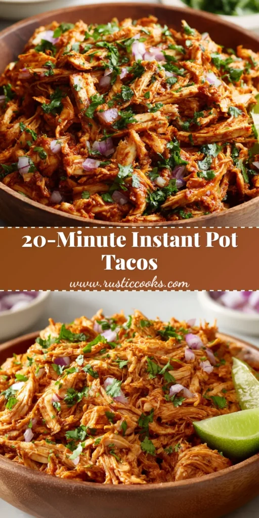 A medium-brown wooden bowl filled with Instant Pot Shredded Chicken, coated in moist orange-red taco seasoning, topped with diced purple onion and fresh cilantro, with a lime wedge on the side.