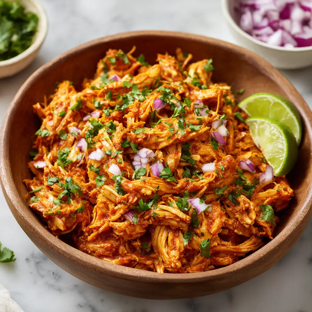 Instant Pot Shredded Chicken served in a medium-brown wooden bowl with a lime wedge on a white marble surface.