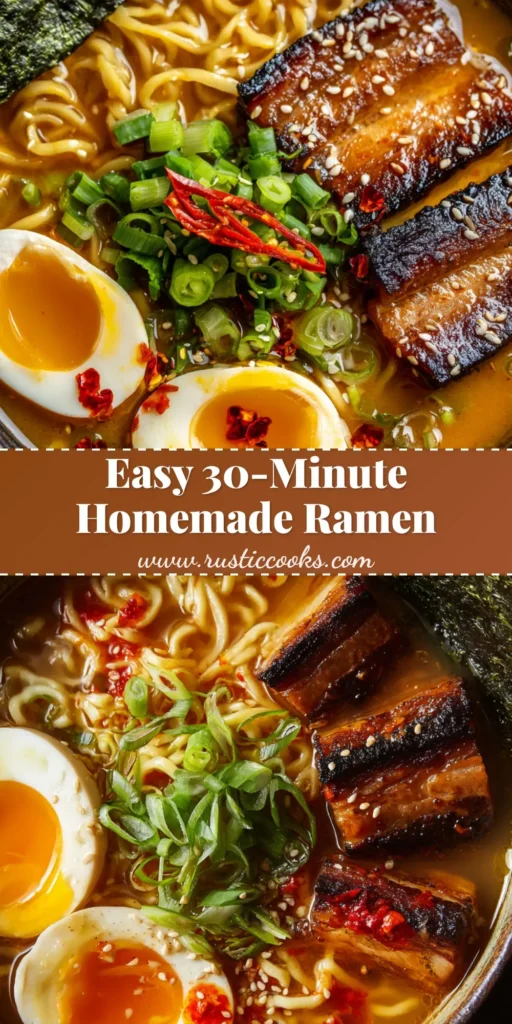 A tall pin graphic showing a deep rustic ceramic bowl filled with a rich Homemade Ramen Recipe featuring thick wavy yellow noodles, charred pork belly, and a jammy egg.