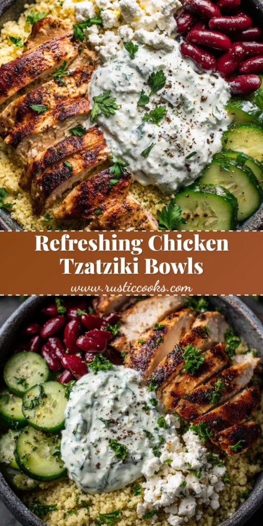 A close-up, top-down view of a Mediterranean Chicken Tzatziki Bowl with golden couscous, charred chicken cubes, dark green cucumbers, red kidney beans, feta cheese, and thick tzatziki sauce.