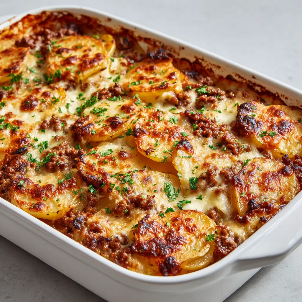 Cross section showing overlapping thinly sliced tender potatoes topped with a hearty layer of browned ground beef and thick melted cheese.