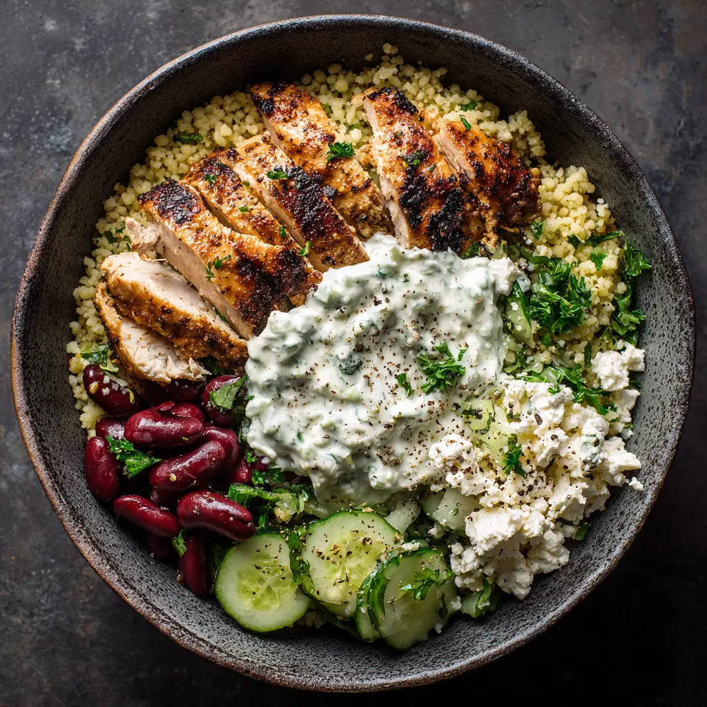 Close-up of a large dollop of thick, creamy white tzatziki sauce with green herbs, sitting next to a scoop of crumbled white feta cheese sprinkled with black pepper.