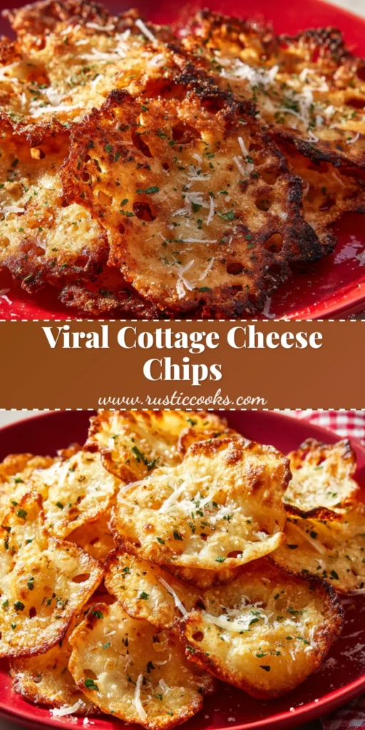 A vibrant red plate holding a pile of golden-brown Air Fryer Cottage Cheese Chips with bubbly textures, charred lace-like edges, chopped green herbs, and shaved parmesan.