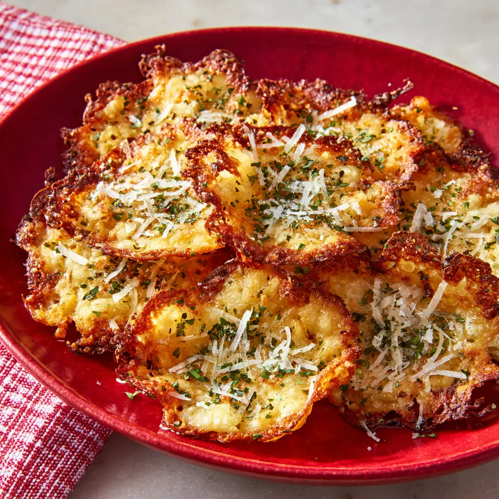 A close up of freshly air fried cottage cheese chips resting on a neutral off-white surface next to a red and white checkered napkin.