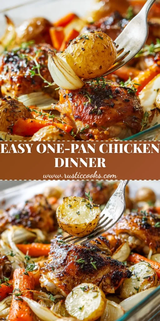 A beautiful spread of Sheet Pan Chicken Thighs roasted to a deep golden-brown with baby potatoes, chunky carrots, and thyme in a rectangular glass dish.