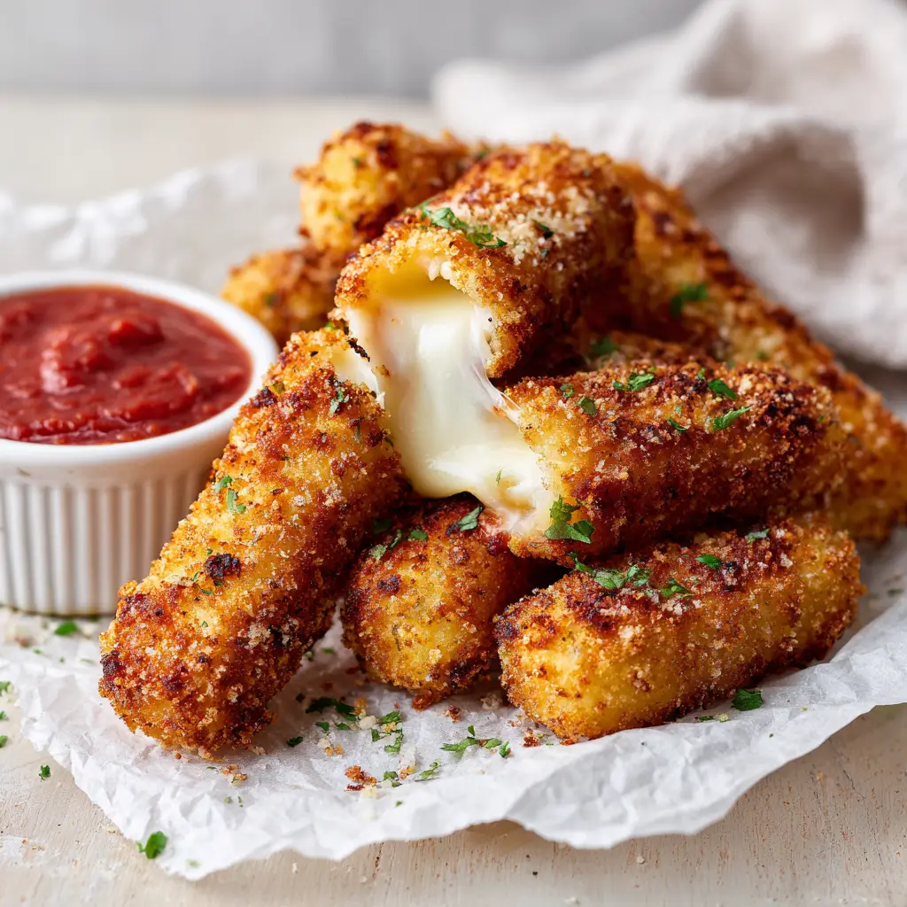 Close up of textured breadcrumb coating on Air Fryer Mozzarella Sticks next to a ramekin of thick marinara sauce.