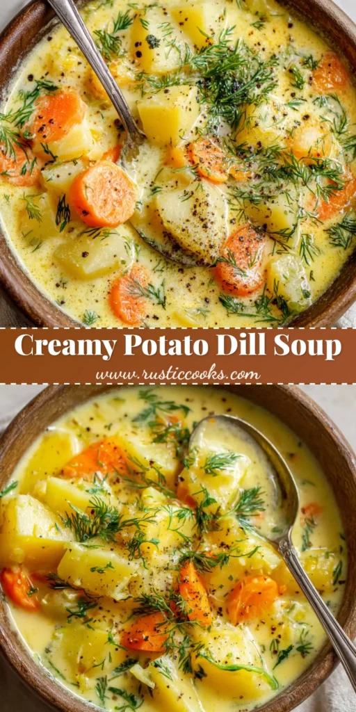 An overhead close-up of a rustic wooden bowl filled with creamy, yellow-tinted Potato Dill Soup, garnished with fresh chopped dill and black pepper.
