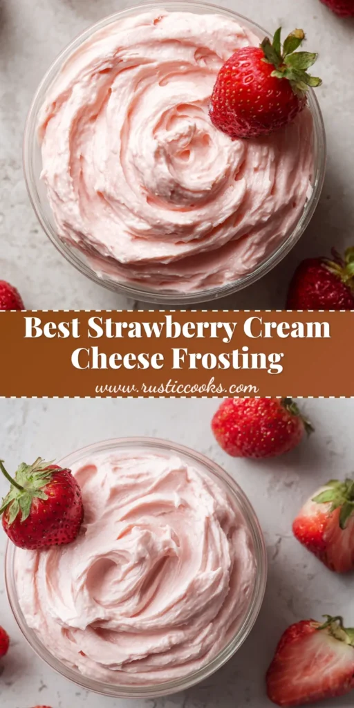 Fresh Strawberry Cream Cheese Frosting: Thick, Creamy & Pipeable 4 A small clear glass bowl filled with thick, creamy, light pink fresh strawberry cream cheese frosting with a whole strawberry on the edge.