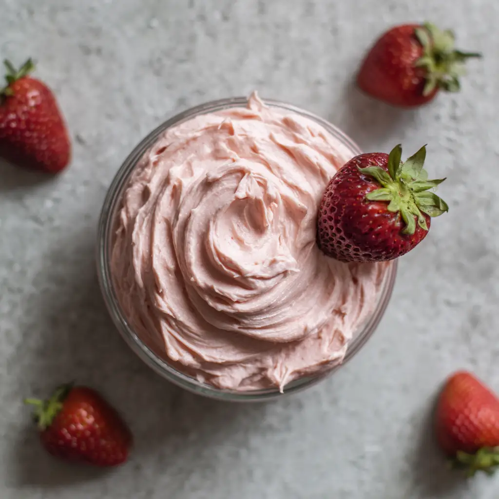 Fresh Strawberry Cream Cheese Frosting: Thick, Creamy & Pipeable 2 Overhead shot of artfully swirled light pink strawberry cream cheese frosting in a clear glass bowl.
