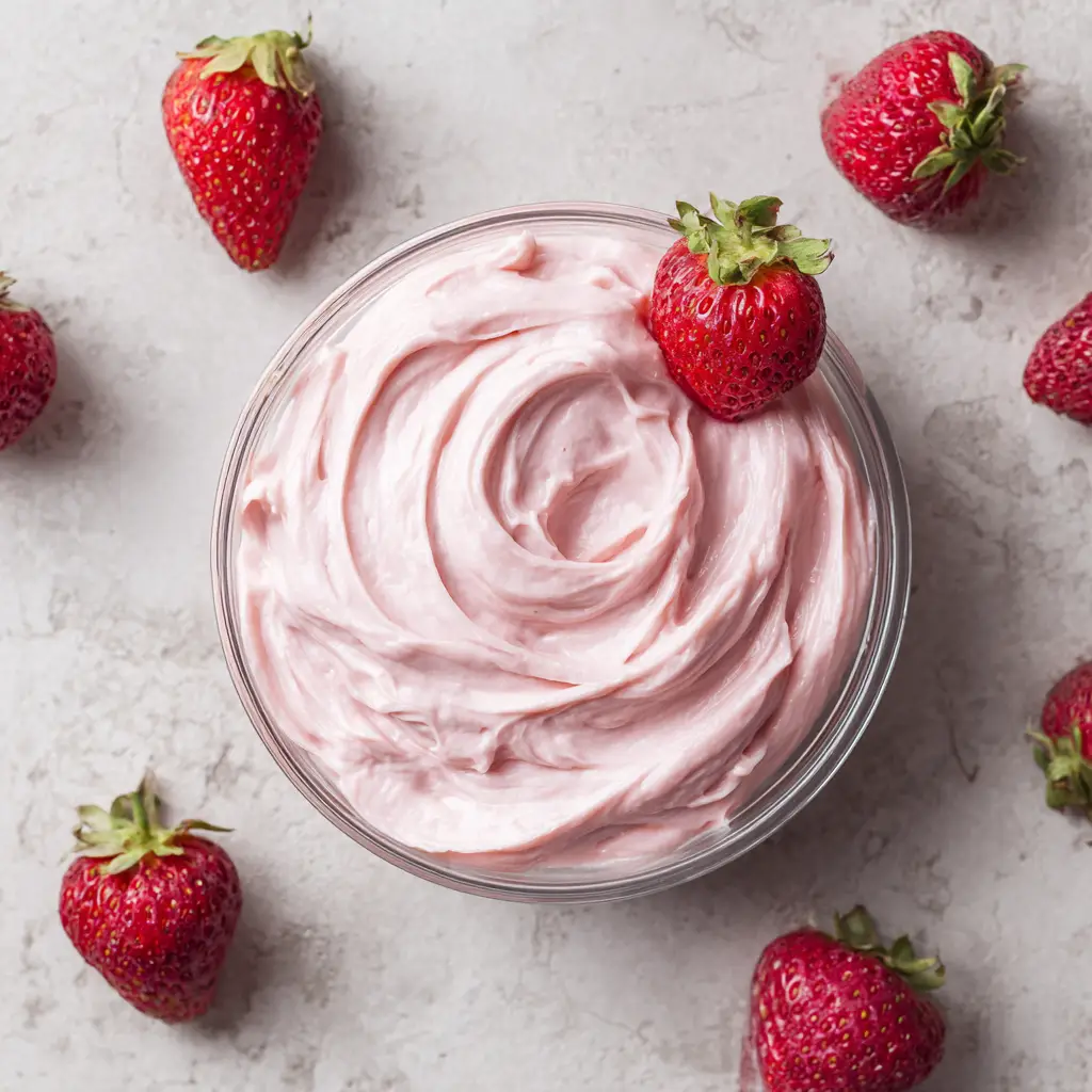 Fresh Strawberry Cream Cheese Frosting: Thick, Creamy & Pipeable 1 Scattered fresh strawberries around a small glass bowl of thick pink strawberry cream cheese frosting on a gray concrete surface.