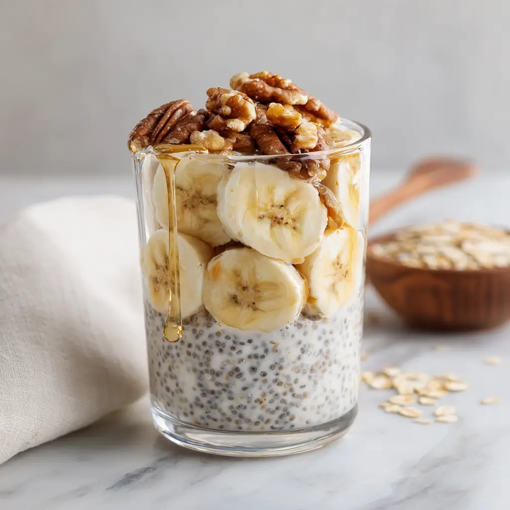 Layering fresh, pale-yellow banana slices and raw, halved walnuts over a chilled oat mixture.